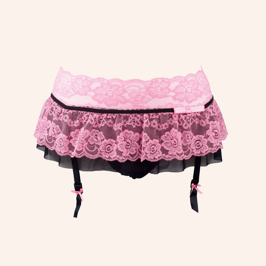 Pink Floral Lace & Black Mesh Garter