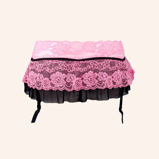 Pink Floral Lace & Black Mesh Garter